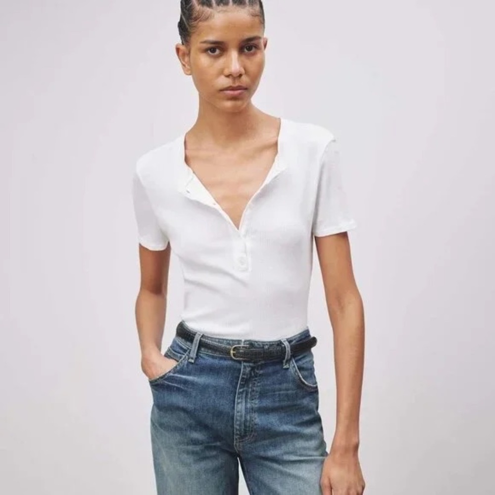 Nili Lotan White Short Sleeve Henley Tee